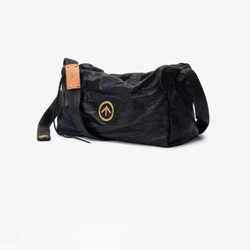 GROTTO Black Stone Bag Classic Vegetable-Tanned Lambskin Large Capacity Single Shoulder Crossbody Soft Bag Commuter Bag