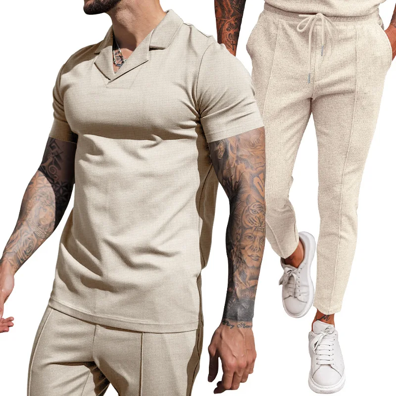 2024 Foreign Trade Summer New Waffle V-neck Casual Polo Collar Men's Short Sleeved Long Pants Set Men's Clothing