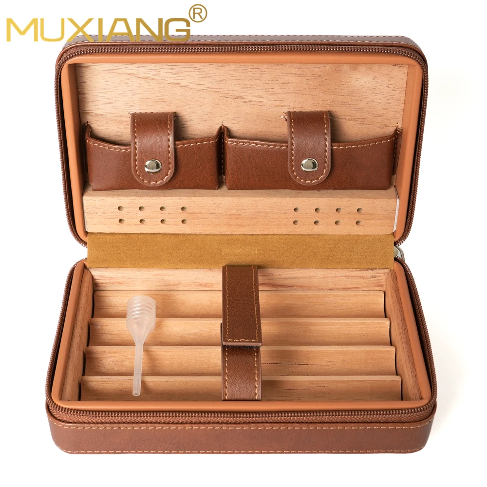 Leather cigar case travel bag ，cigar bag with cedar wood，Holds 4pcs large cigars and cigar accessories， Travel Cigar Humidor