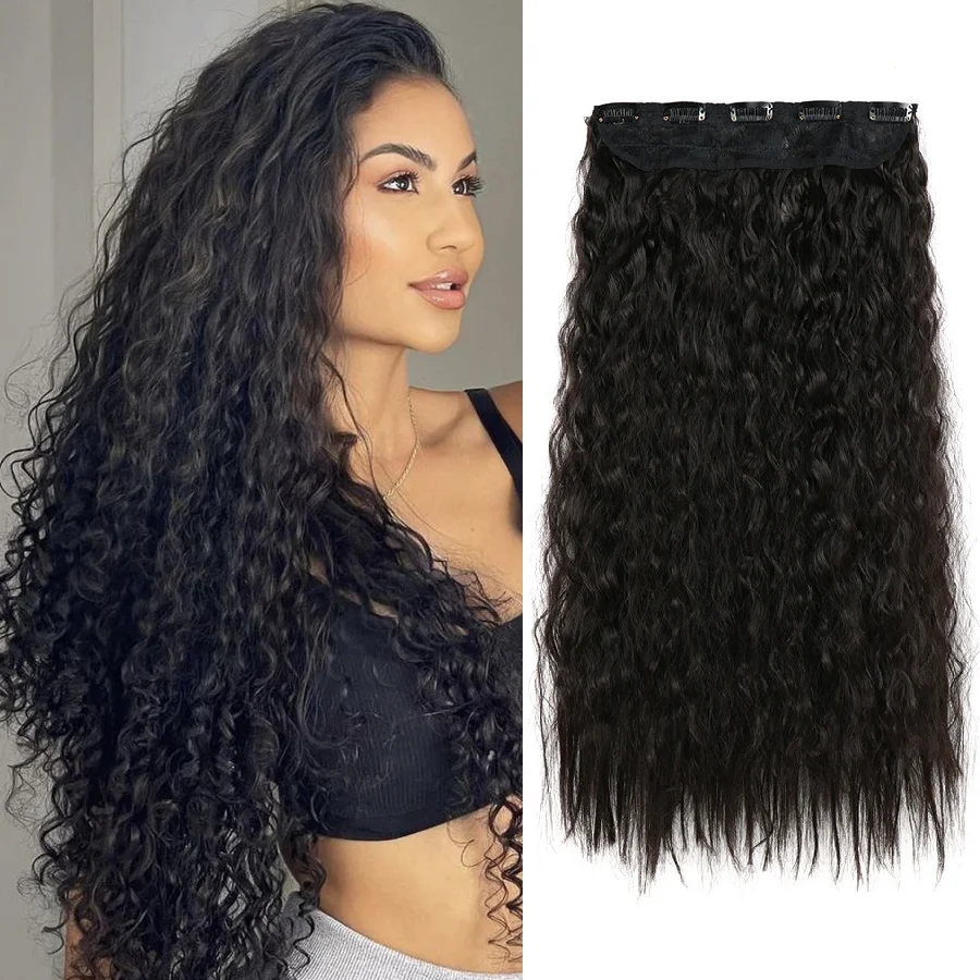 5 Clip in Hair Extensions 22 Inch Long Corn Curly Hairpeces for Women Natural Soft Hair Blends Well Hair Extensions Black Brown