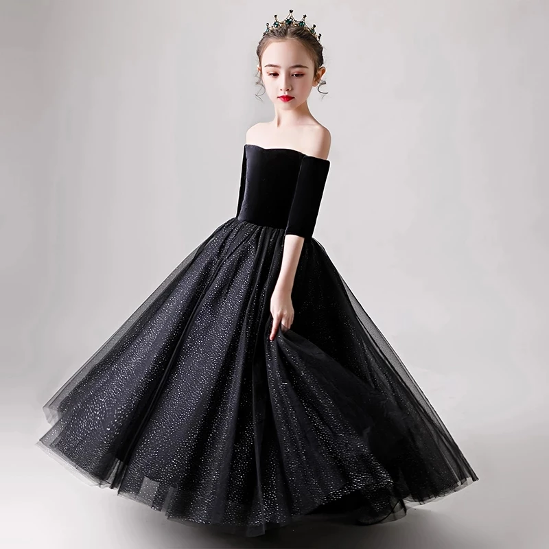 Blume Mädchen Kleid Luxus Schwarz Spitze Illusion Pailletten Weg Von Der Schulter Prinzessin Bodenlangen Tüll Boot-ausschnitt Kid Partei kleid