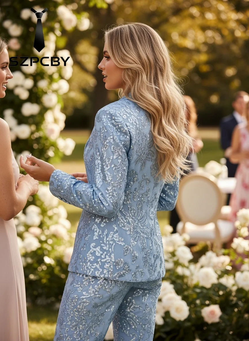 Sequin 2 Piece Womens Suit Floral Applique 1 Button Sparkling Shiny Long Sleeve Suits for Women for Evening Party Prom