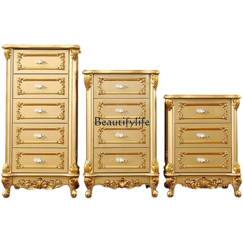 European solid wood chest of drawers, gold four chest of drawers, bedroom storage carving