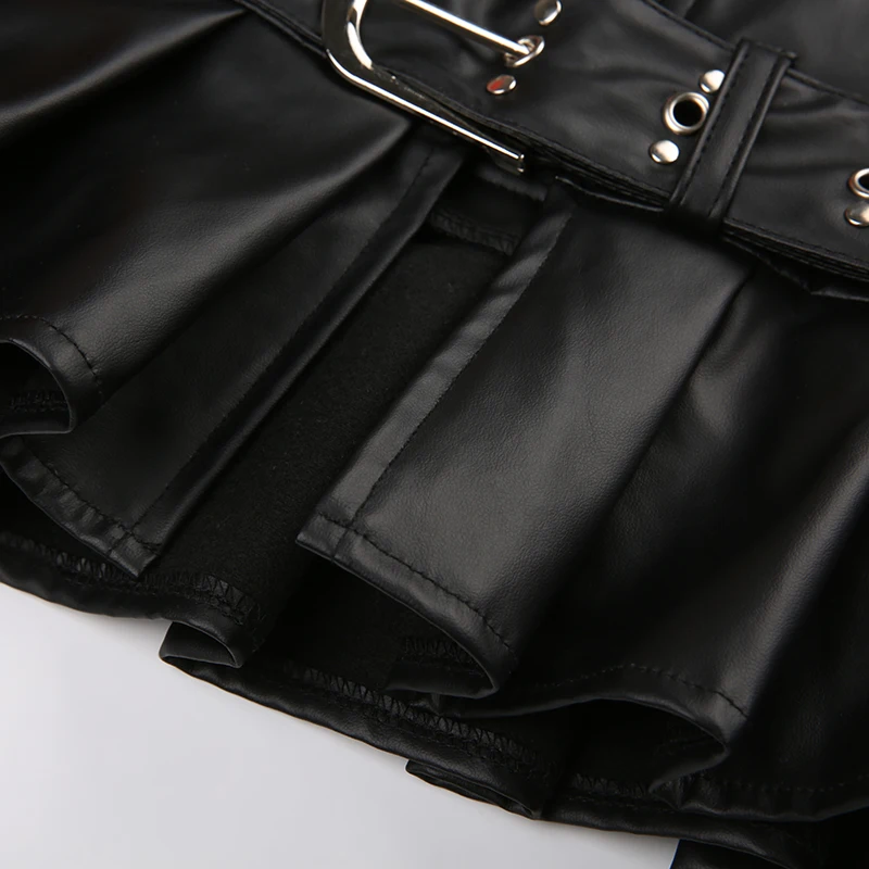 SUCHCUTE Schwarzer Gothic PU-Leder Damen Minirock mit Gürtel, niedriger Taille, Reißverschluss, Faltenrock, Y2K Streetwear, 2000er Jahre Kleidung, Sommer, Koreanisch – Detail 11