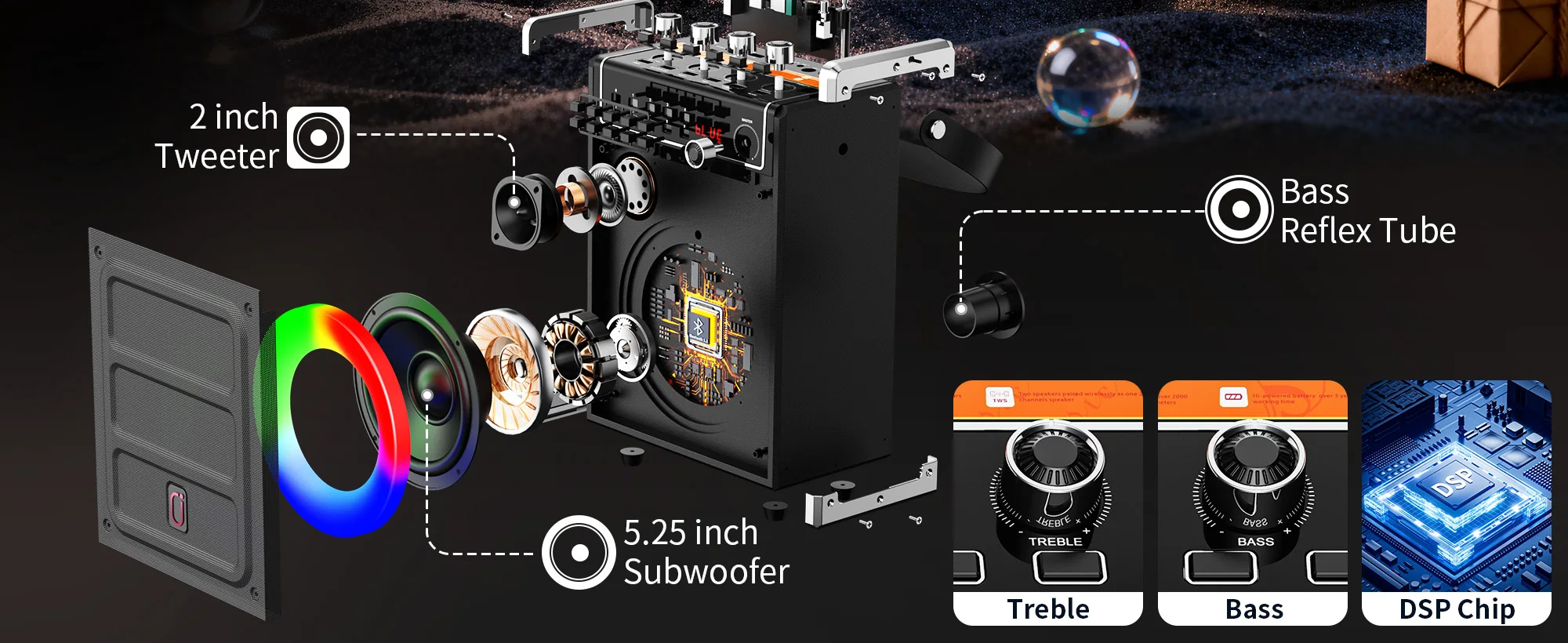 69-black Karaoke-Maschine mit 2 UHF-Funkmikrofonen, Bluetooth-Lautsprecher mit Bass-/Höhenregelung und LED-Licht, PA-System – Detail 2