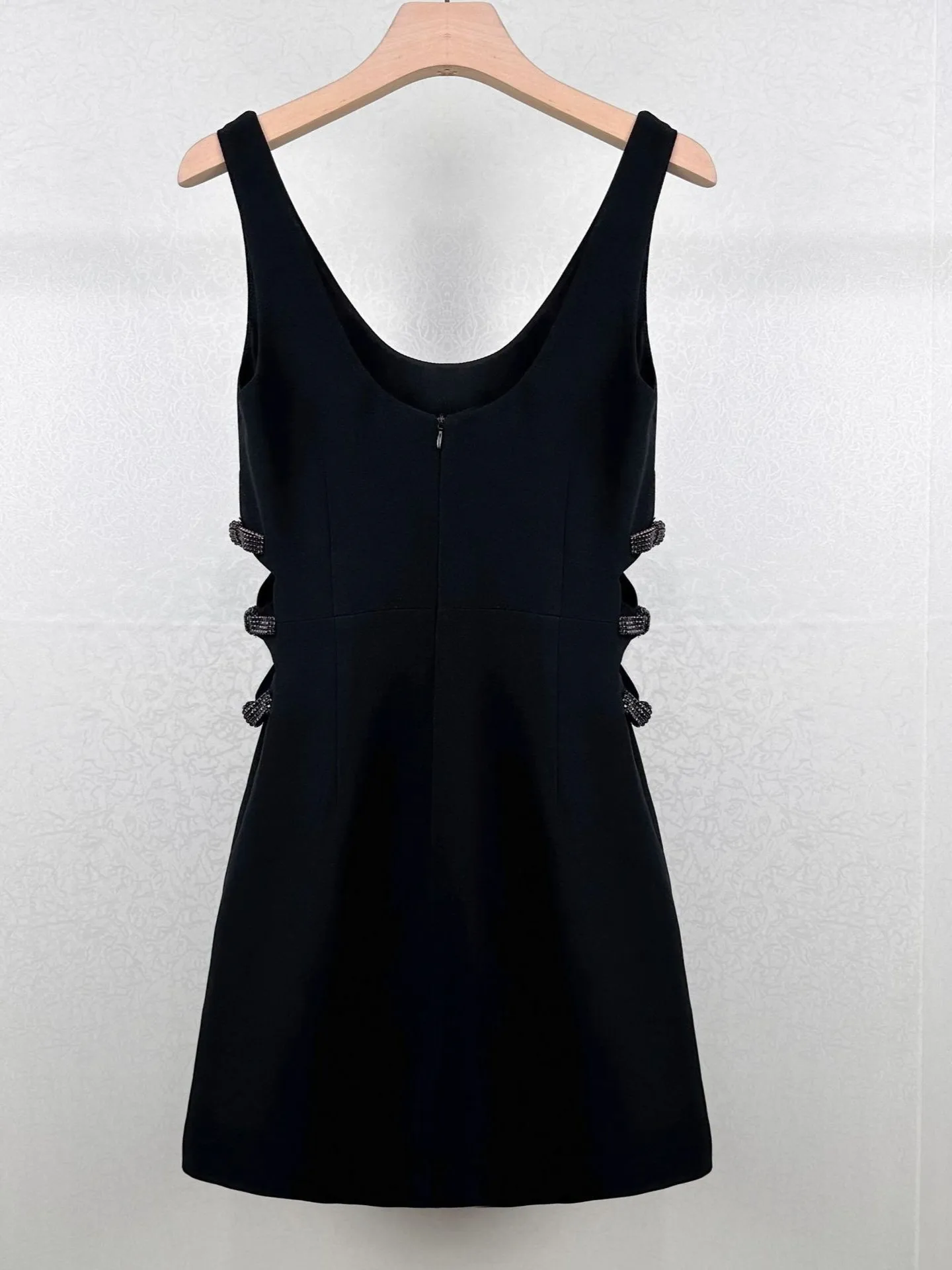 Women's Black Dress Diamond Decoration Waist Hollow Out U-Neck Sleeveless Elegant Summer 2024 Mini Robe