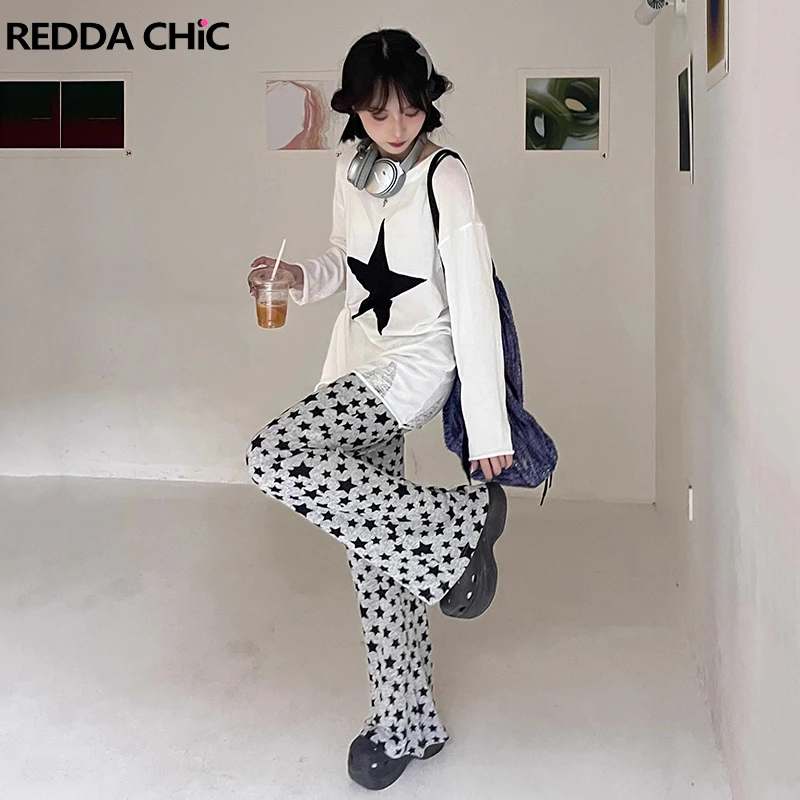 

ReddaChic Ретро серый Звездный принт Широкие штаны повседневные брюки женские Y2k эластичный пояс спортивные брюки свободные брюки Acubi Мода