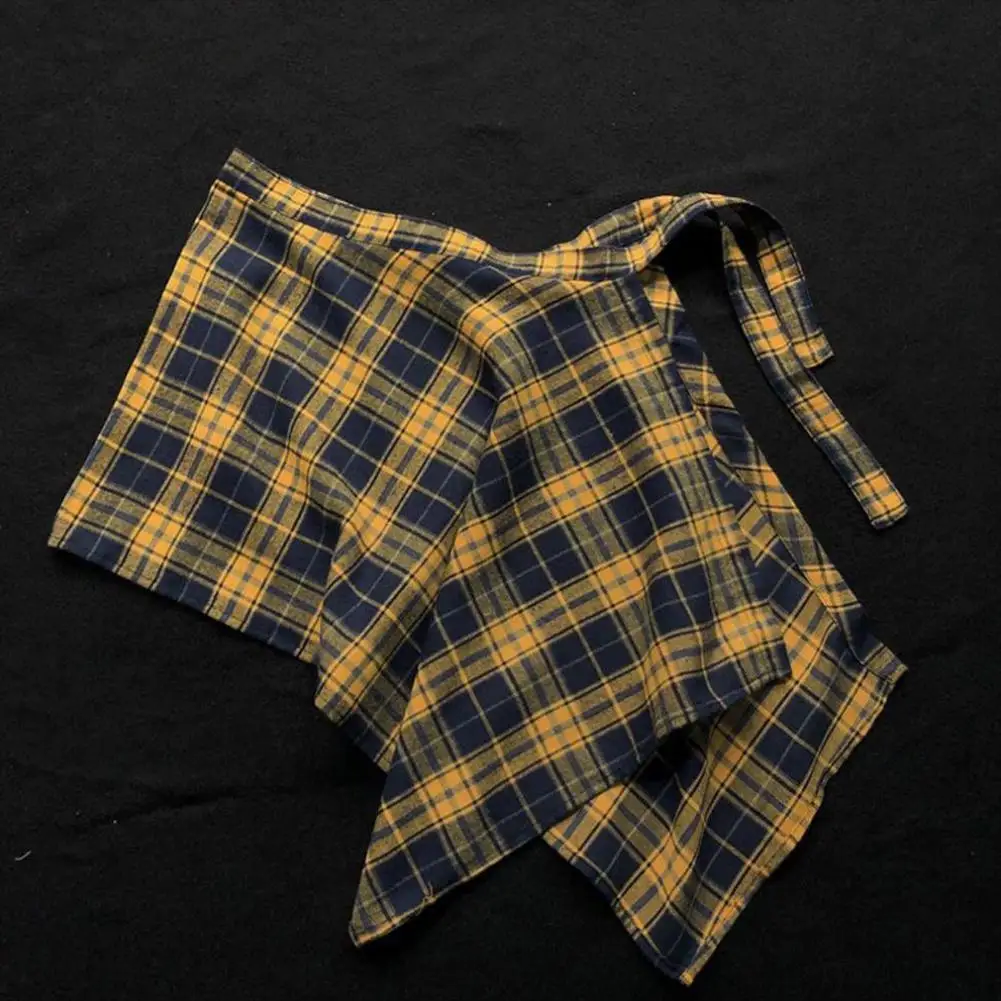 Lässiger Unisex-Rock mit unregelmäßigem Karomuster, Schleifenknoten, elastischer Taille, Hemdstil, blau-weißes Gittermuster, Mini-A-Linien-Kurzrock – Detail 10