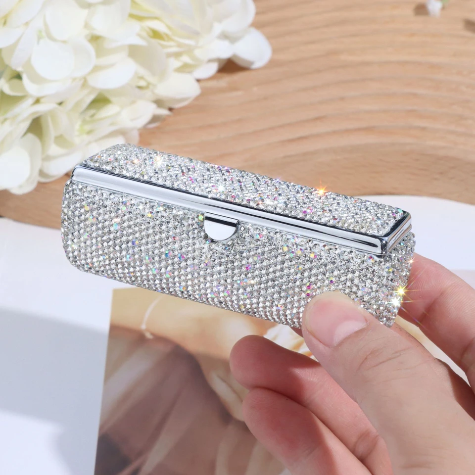 Mini Lipstick Case Holder With Mirror Dustproof Lip Gloss Rhinestones Metal Exquisite Storage Box Portable Travel Female Gift