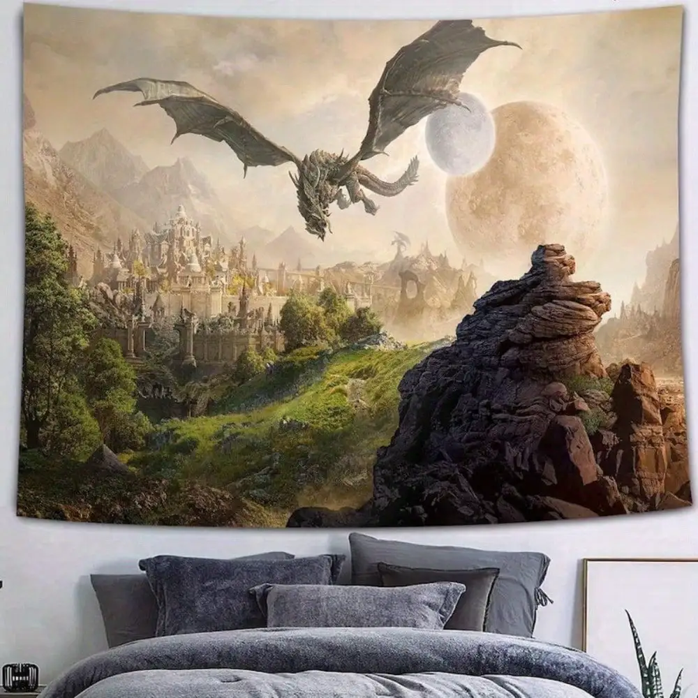 1pc Fantasy Castle Flying Dragon Background Peach Skin Polyester Tapestry Living Room Bedroom Office Tapestry Home Decor gift
