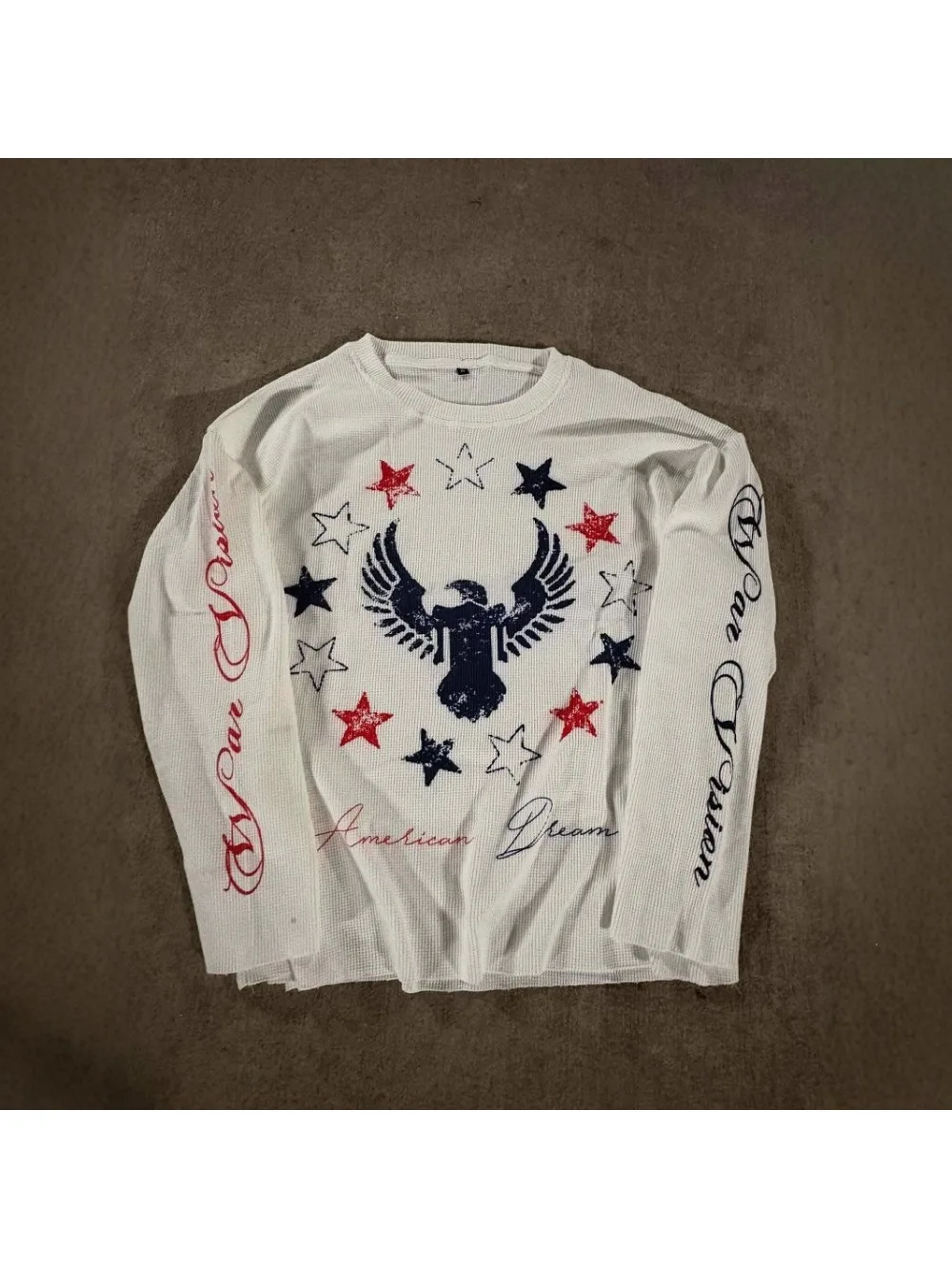 New Spring and Autumn American Retro Eagle Star Letter Printed Waffle Fabric Long Sleeve Top Street Trendy Daily Casual unisex