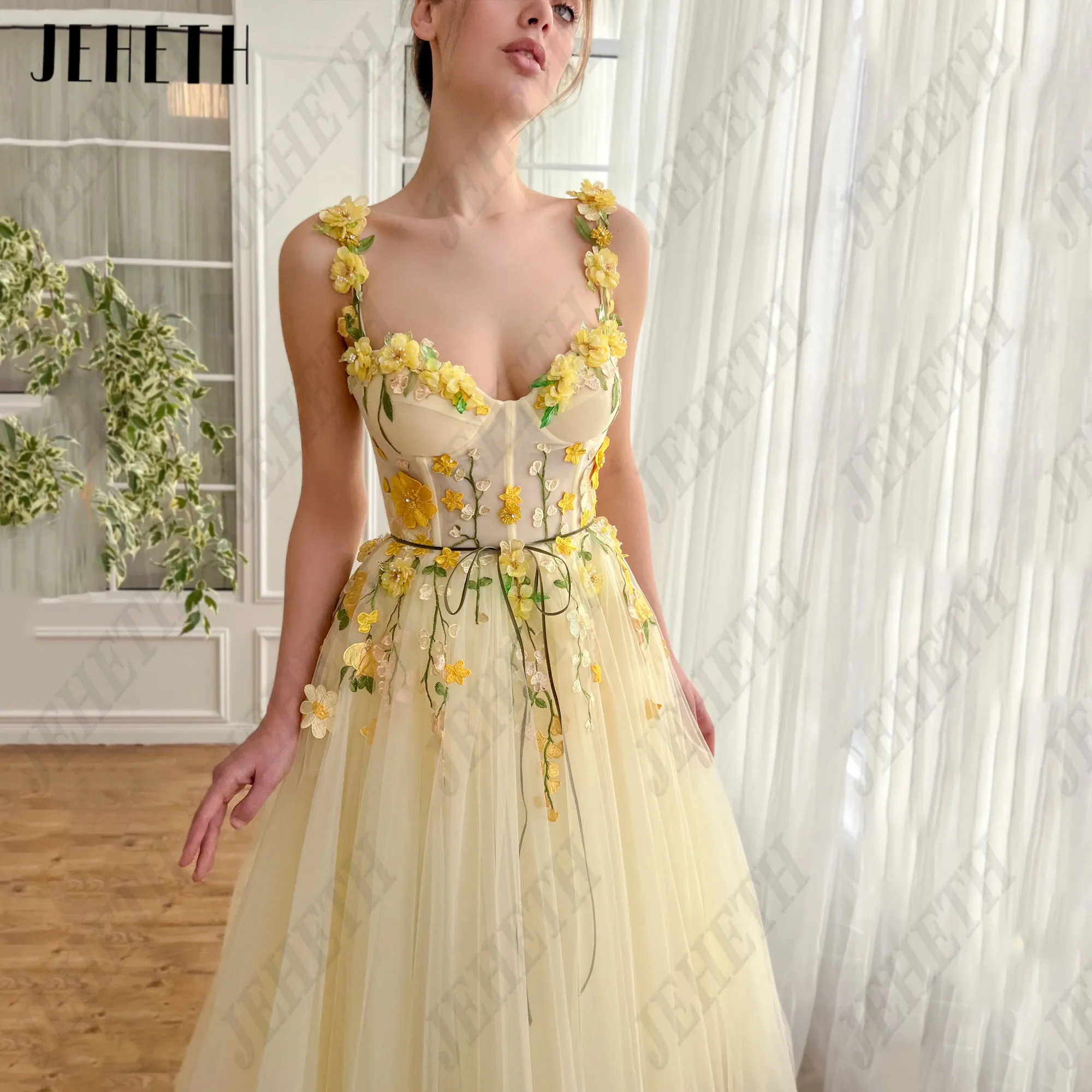 JEHETH Prom Party Gowns Sweetheart Spaghetti Straps A-Line 3D Flowers Ankle Length Sleeveless Tulle Formal Occasions Dress