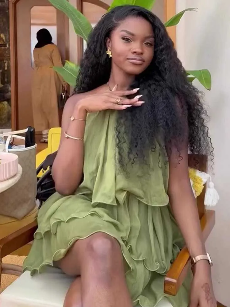 Vestido verde con cuello Halter para mujer, vestido corto de verano con hombros descubiertos, vestido sin mangas con cuello redondo, venta al por mayor, triangulación de envíos