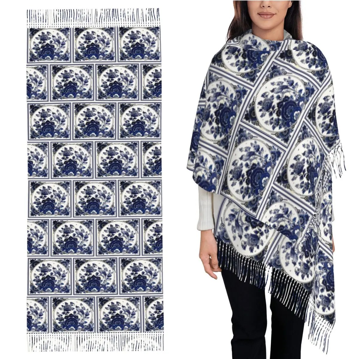 

DUTCH BLUE DELFT Винтажный синий шарф с принтом птиц и цветов, шарфы с кисточками для женщин, шали и накидки, длинная осенне-зимняя шаль, накидка