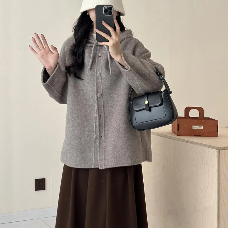 

Autumn Winter Women's Hooded Double-sided Cashmere Coat for Women Korean Style Butterfly Bow Loose Woolen Coat for Women