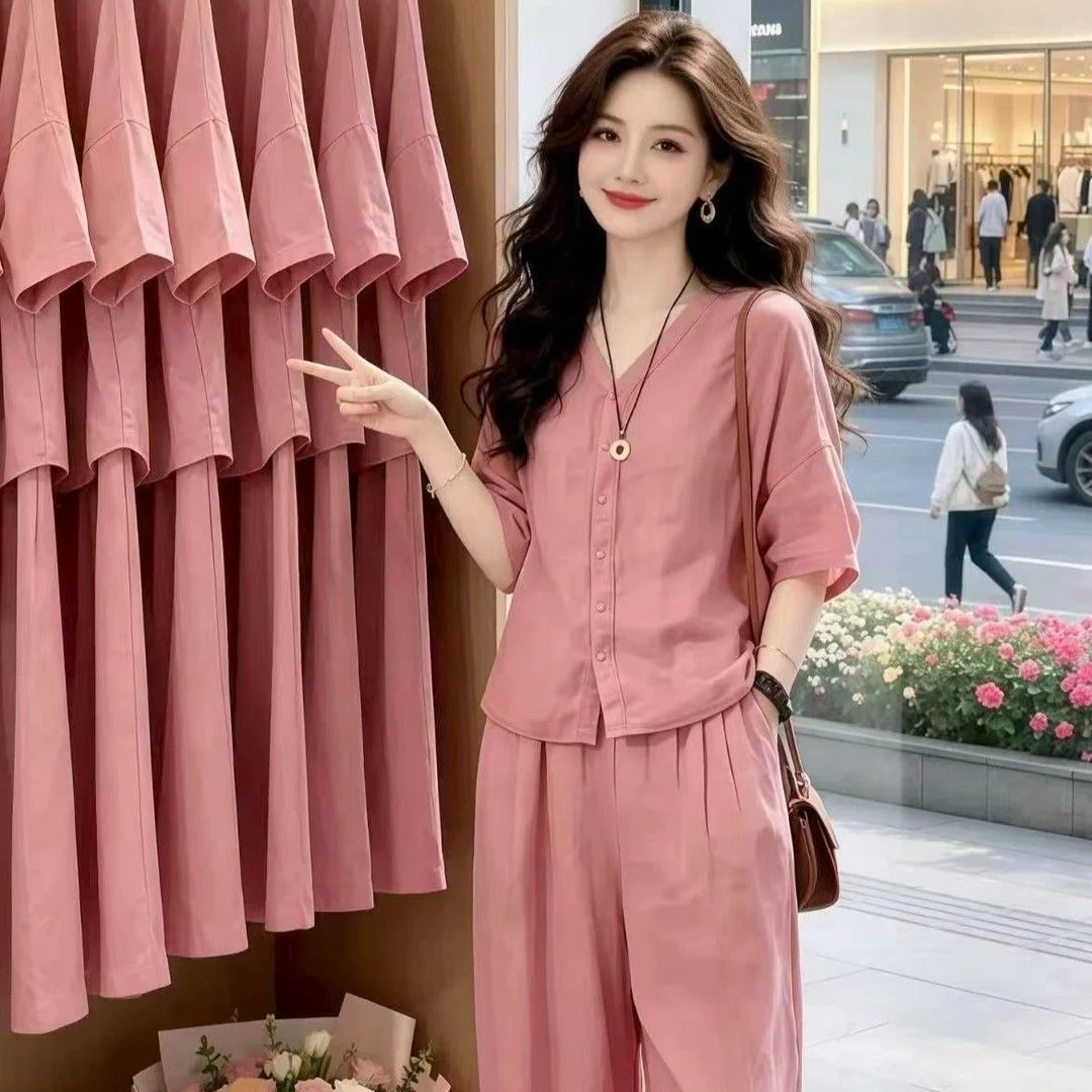 Fashionable Casual V-Neck Shirt And Wide Leg Pants Two-Piece Set for Women Breathable Polyester Blend Summer Outfit image 4