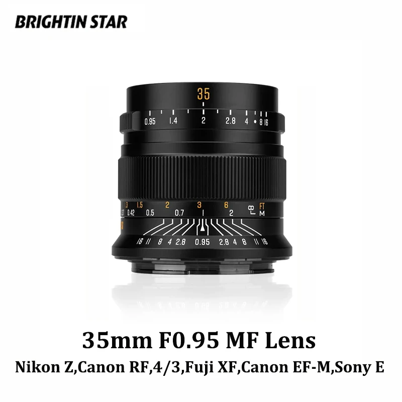 

Brightin Star 35mm F0.95 APS-C Manual Focus DSLR Mirrorless Camera Lens Fit for Nikon Z Sony E Fujifilm Fuji X Canon EF-M M4/3