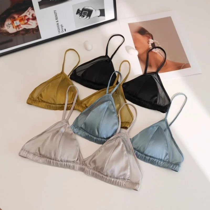Birdtree, 93% Silk 7% Spandex Bra Satin Briefs, Women Wireless Triangle Cup Bralette Underwear, Healthy 2026 Spring S69311JF