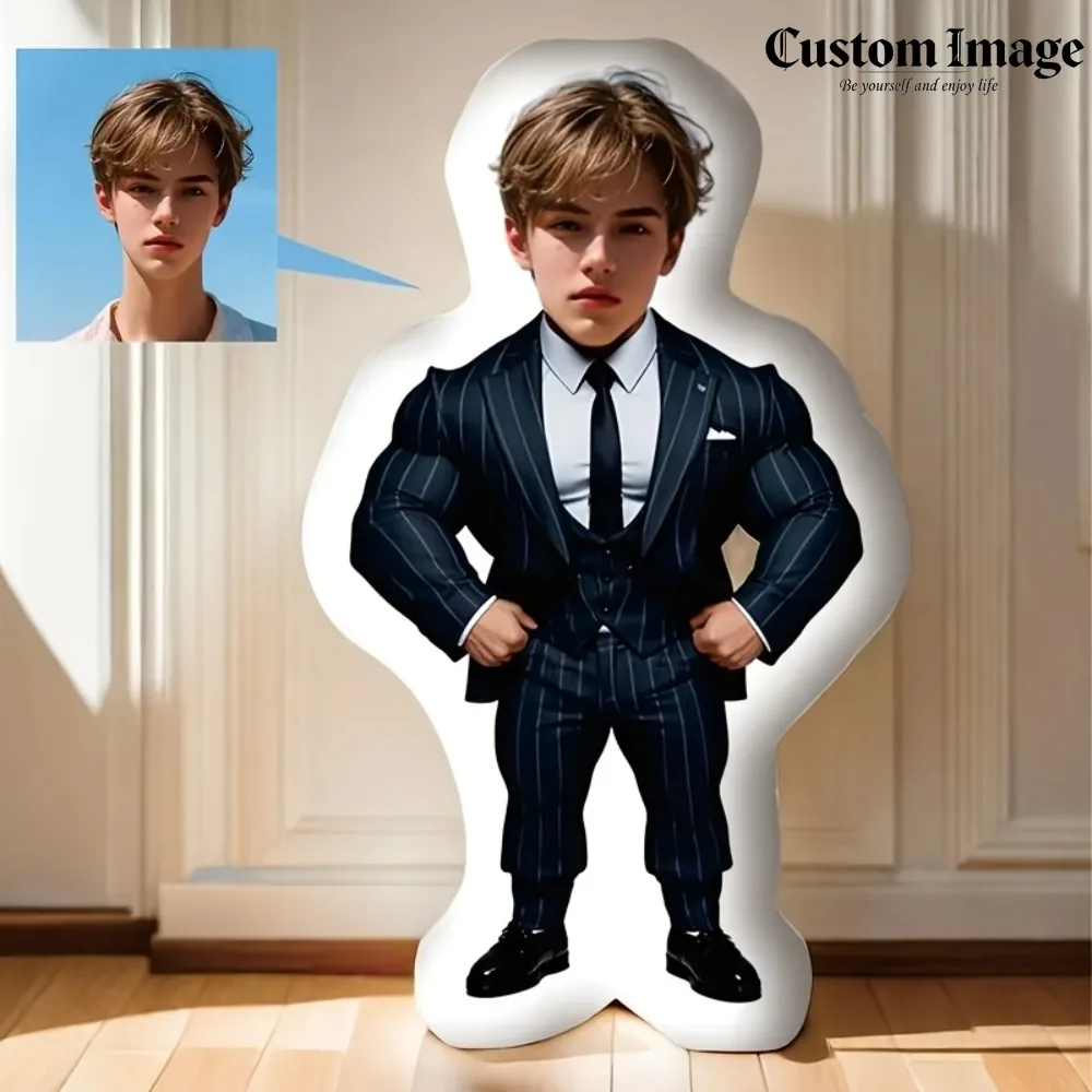 

Mini Suit Muscle Pillow, Custom Photo Personalized Cushion, Funny Unique Gift, Classic Style, Zipper Closure for Home Decor