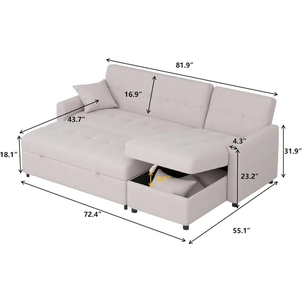 Reversible Sectional Sleeper Sofa, 82'' Wide Pull-Out Sofa Bed with Storage, L-Shape Chaise, 3 in 1 Design Convertible Love