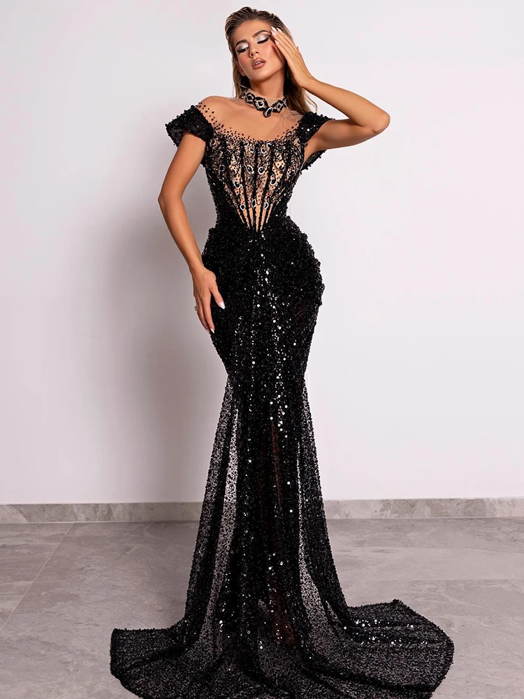 

Luxury Black Off - Shoulder Sequin Temperament Mermaid Long Dress with Illusion Neckline & Train - Formal Evening Prom Gown