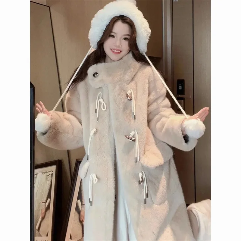 Korean Thickened Mink Velvet Coat Women Winter Clothes New Jacket Version Loose Imitation Rabbit Fur Plush Hooded Fur Coat