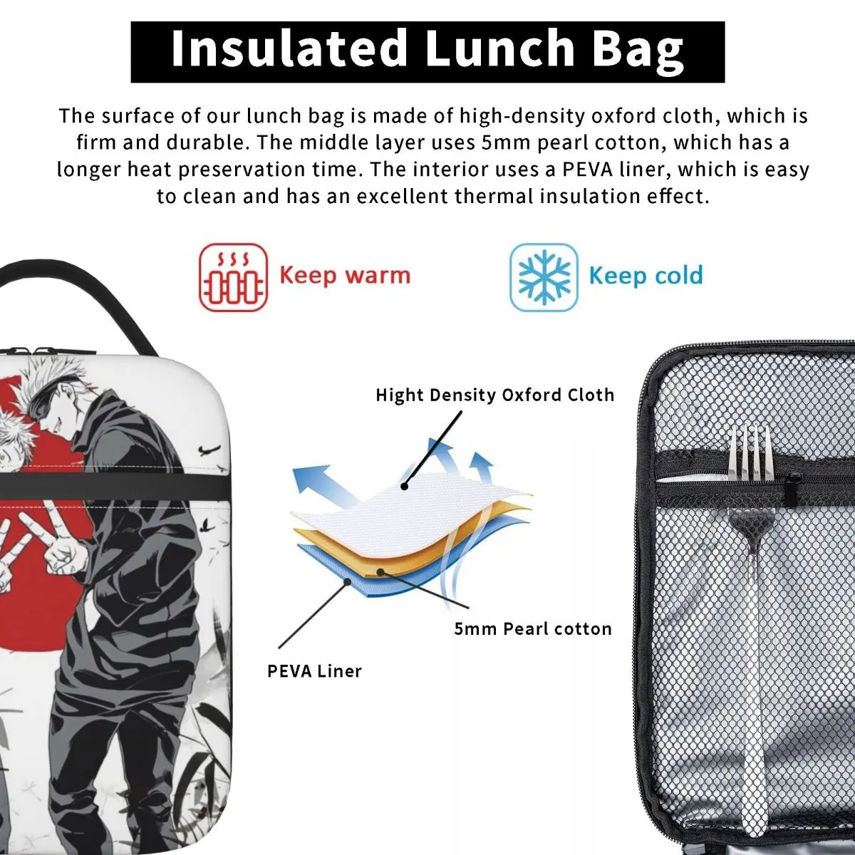 Jujutsu Kaisen Satoru Gojo Insulated Lunch Bag for School Office Yuji Leakproof Thermal Cooler Bento Box Women Kids