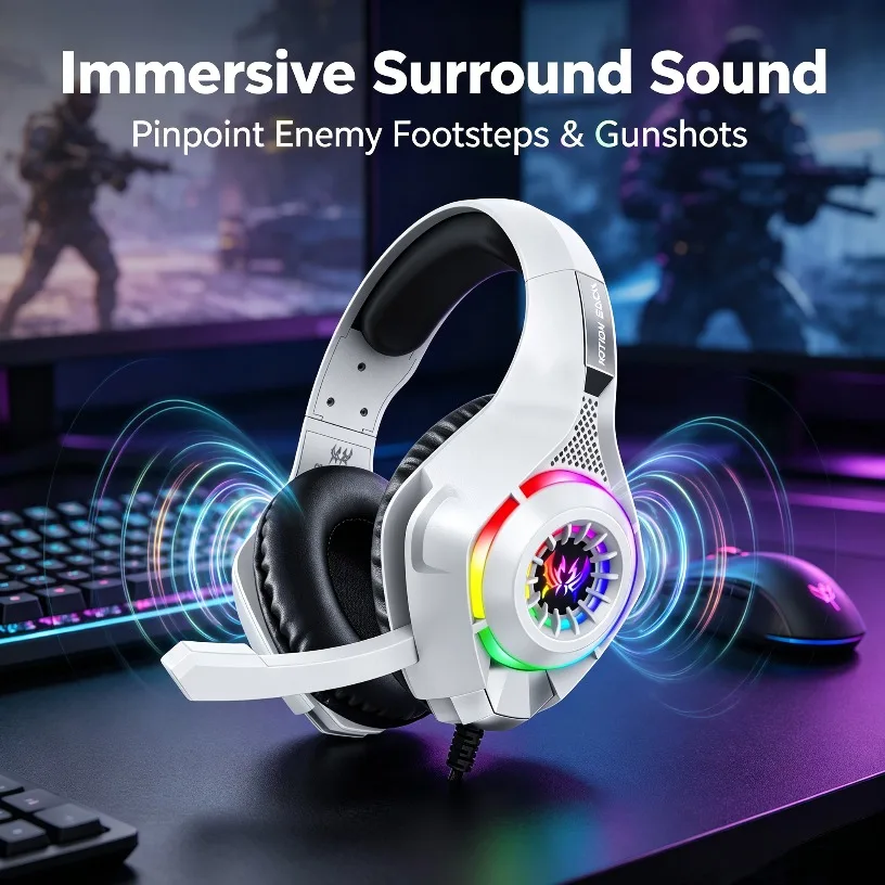 Wired Gaming Headphones with Mic RGB LED Over Ear Headset Stereo Bass 3.5mm for PC Console Laptop Mobile Black