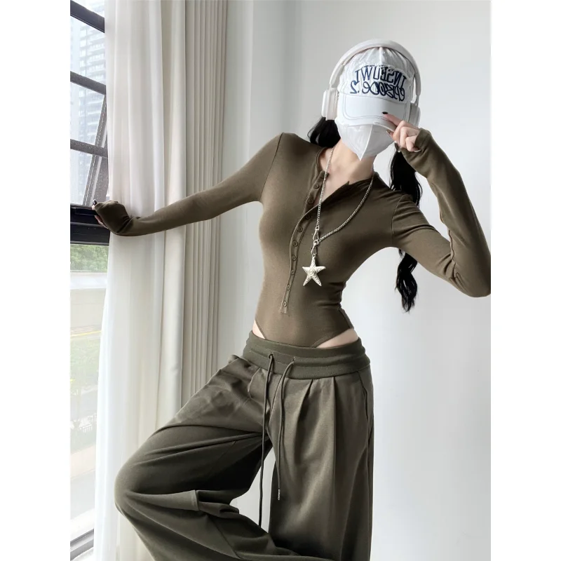 مثير فتاة حار زر الجبهة طويلة Sve اللون سليم صالح بذلة قاعدة irt تي شيرت عالية الخصر ort بانت ألياف البوليستر