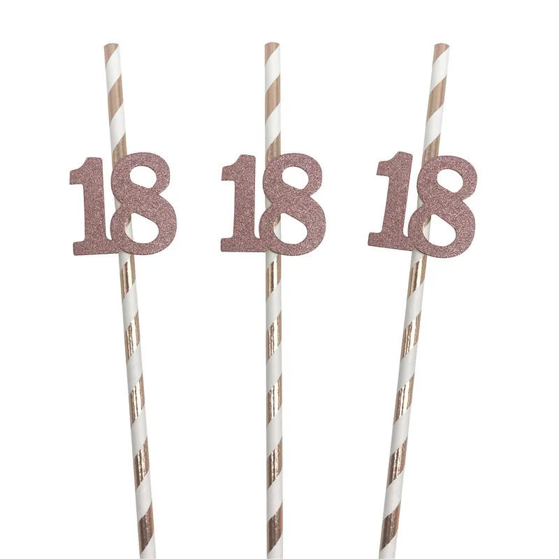 10Pcs Rosegold 18 21 30 40 50 60 Years Birthday Party Drink Straws For Adult Anniversary Women Men 30th Happy Birthday Supplies