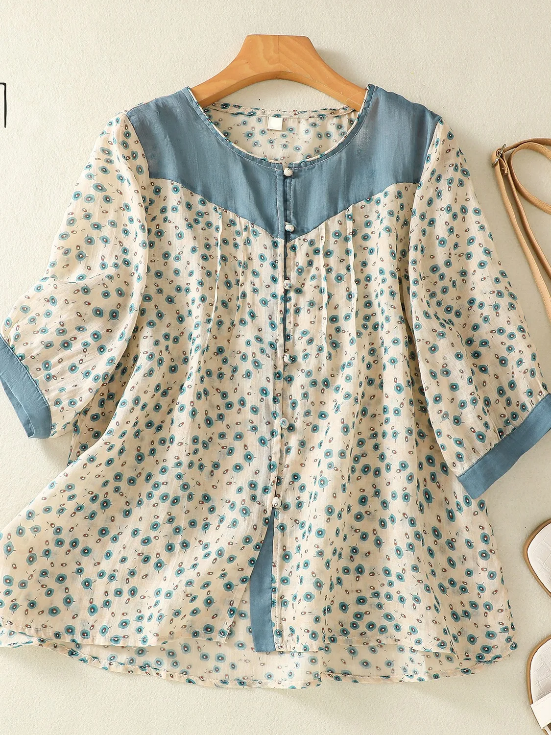 Künstlerische Baumwolle Leinen Blumendruck Damen irt round Ne ort Sve Bequeme lockere Passform Übergröße Chinesische Marke Sommer...