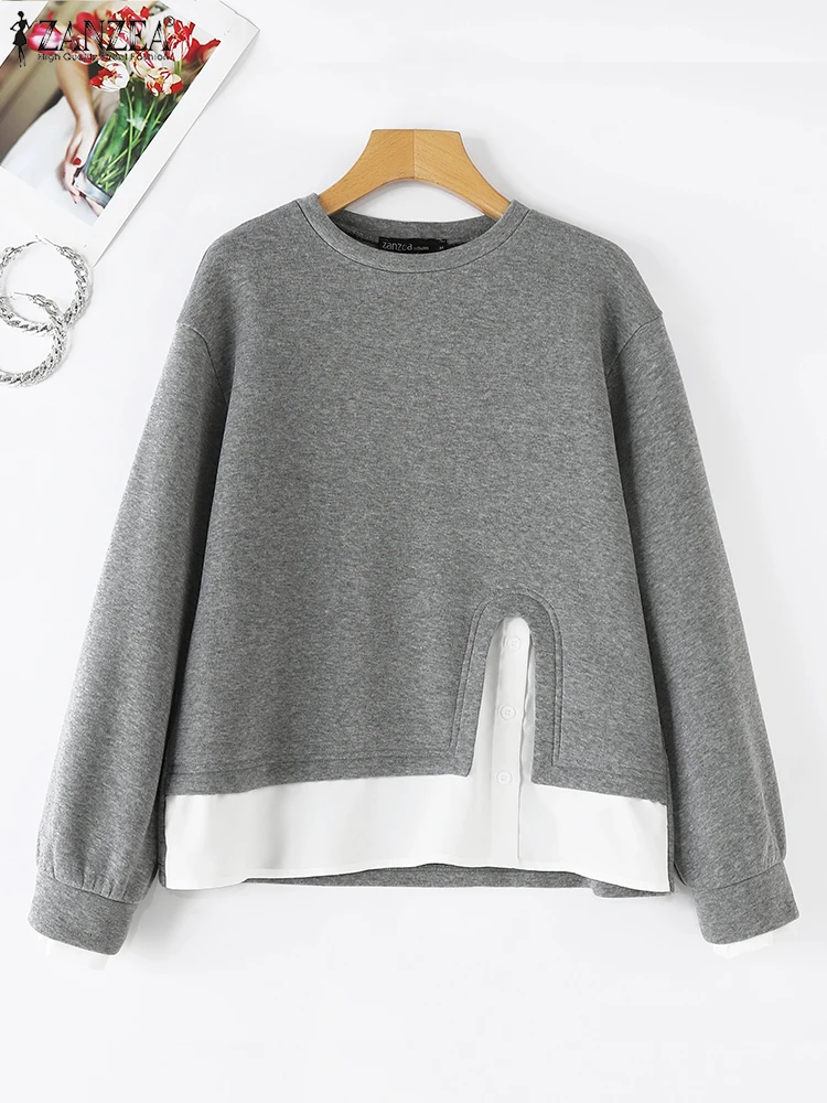 ZANZEA-jerséis de cuello redondo para mujer, sudaderas con abertura lateral, Tops con botones de manga larga a la moda, jerséis de retazos para vacaciones 2024