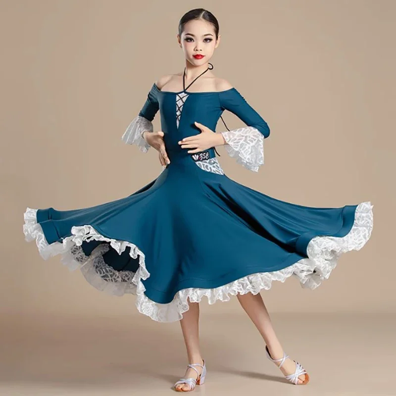 

Kids Girl Backless Bodysuit and Large Skirt Ballroom Dancing Modern Dancewear Waltz Social Dance Costumes Figure Skating Dress
