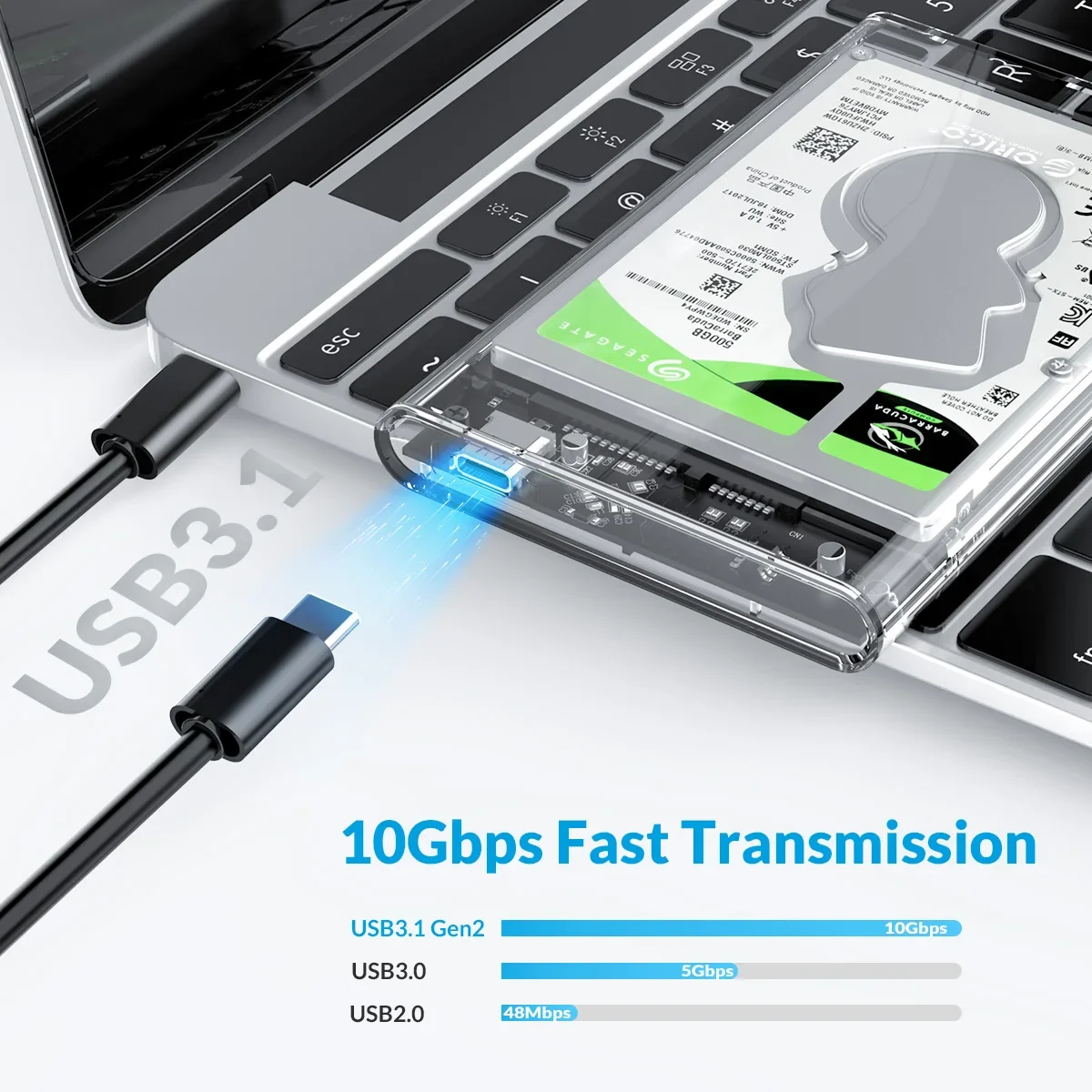 Obudowa ORICO na dysk HDD/SSD 2,5 cala, bez użycia narzędzi, 6 Gbps, obsługa 4 TB, protokół UASP, dla dysków SATA o grubości płytki płyty płytki głównej poniżej 9,5 mm, przezroczysta obudowa HDD USB 3.0