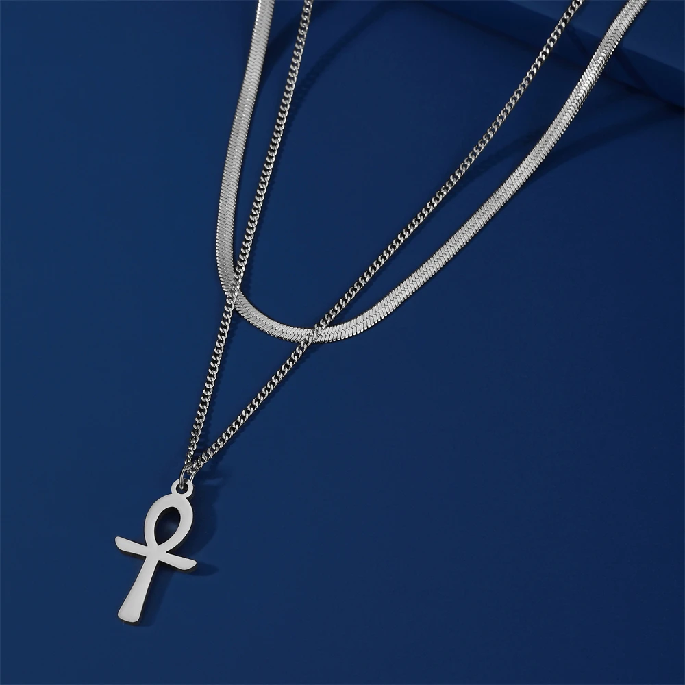 Skyrim Amulet Egypt Ankh Cross Necklace Stainless Steel Double Layer Clavicle Snake Chain Crucifix Egyptian Jewelry for Women