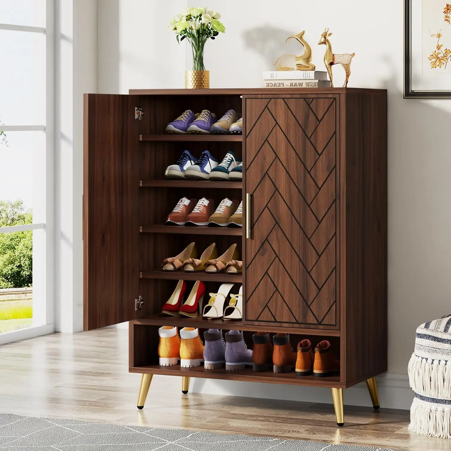 6-Tier Shoe Cabinet with Doors, Walnut Wooden Shoe Storage Cabinet with Adjustable Shelves for Entryway, Hallway