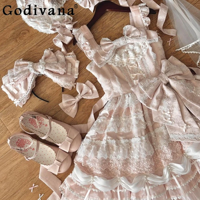 

Pink Sweet Lolita Bow Dress for Girls Bridal Birthday Grown Up Ceremony Drss Female Japanese Strap JSK Princess Party Dress
