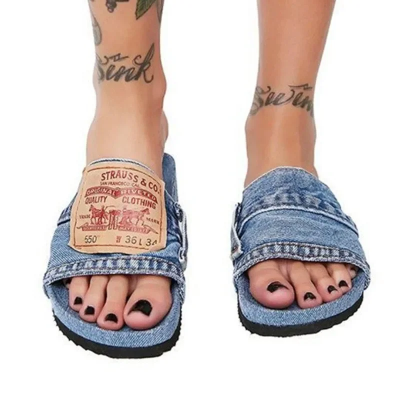 Pantoufles en Denim à Talons Bas pour Femme, Chaussures d'Extérieur Modernes, Punk, Solides, de Haute Qualité, Été 2024