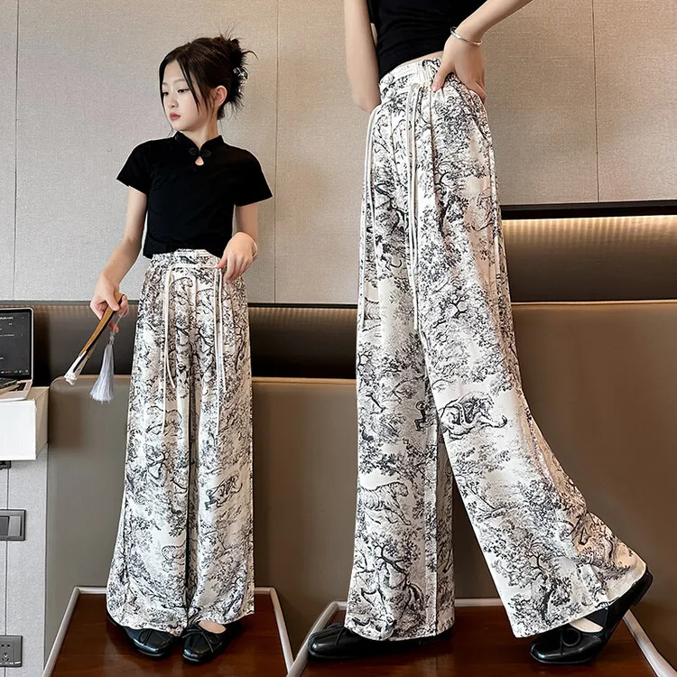 Girls' Summer Mosquito Prevention Pants 2024 New Fashionable Wide Leg Pants Popular Children's Ice Silk Pants Trend 120-170cm