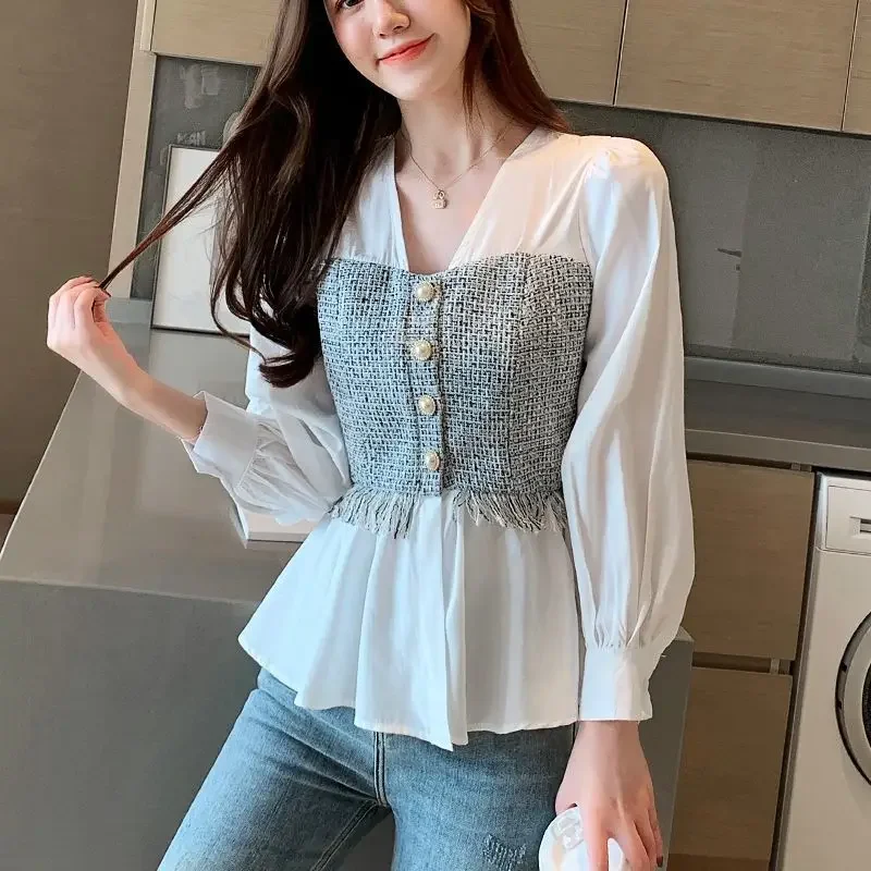 Women's Top 2021 New Spring and Autumn Korean Harajuku Women's White V-neck Hem Long-sleeved Button Long-sleeved Chiffon Shirt