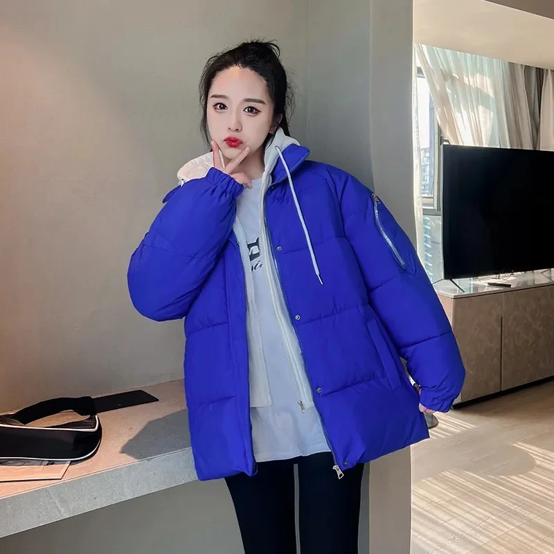 Klein Blue Down Baumwolle gepolsterte Jacke weiblich Herbst und Winter 2023 koreanische Version lose Kapuze Joker Kontrast warmen Frauen Mantel