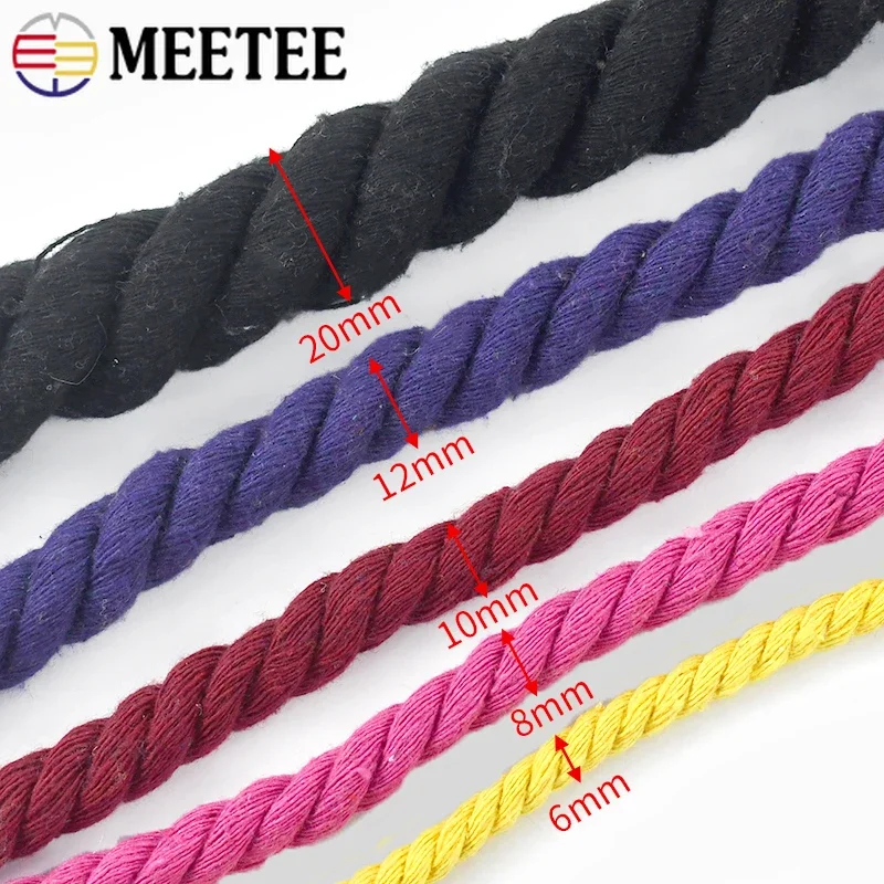 5M 5/8/10/12/20mm Cotton Rope Mixed Colored Ropes Braid for Decoration Three-strand Twisted Cord Bag Home String Sewing Material