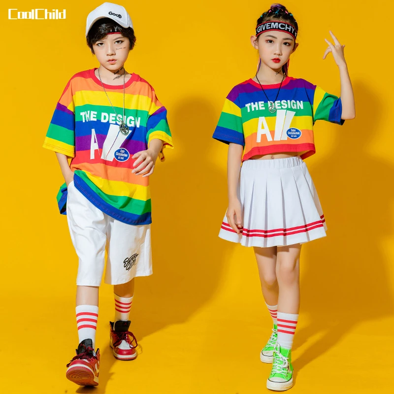 

Boys Street Dance Rainbow Striped T-shirt Shorts Girls Hip Hop Crop Top Skirt Kids Summer Costume Clothes Sets Child Streetwear