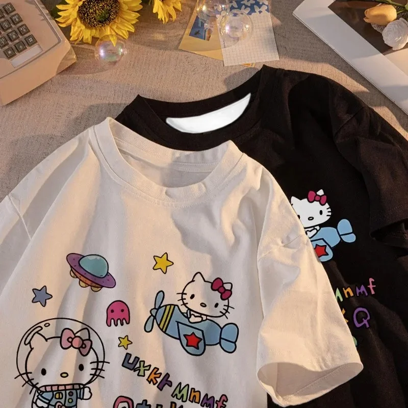 Hello Kitty Cartoon Printed Women's T-shirt Manga Casual T-shirt Outdoor Quick Drying Plus Size Loose Clothing