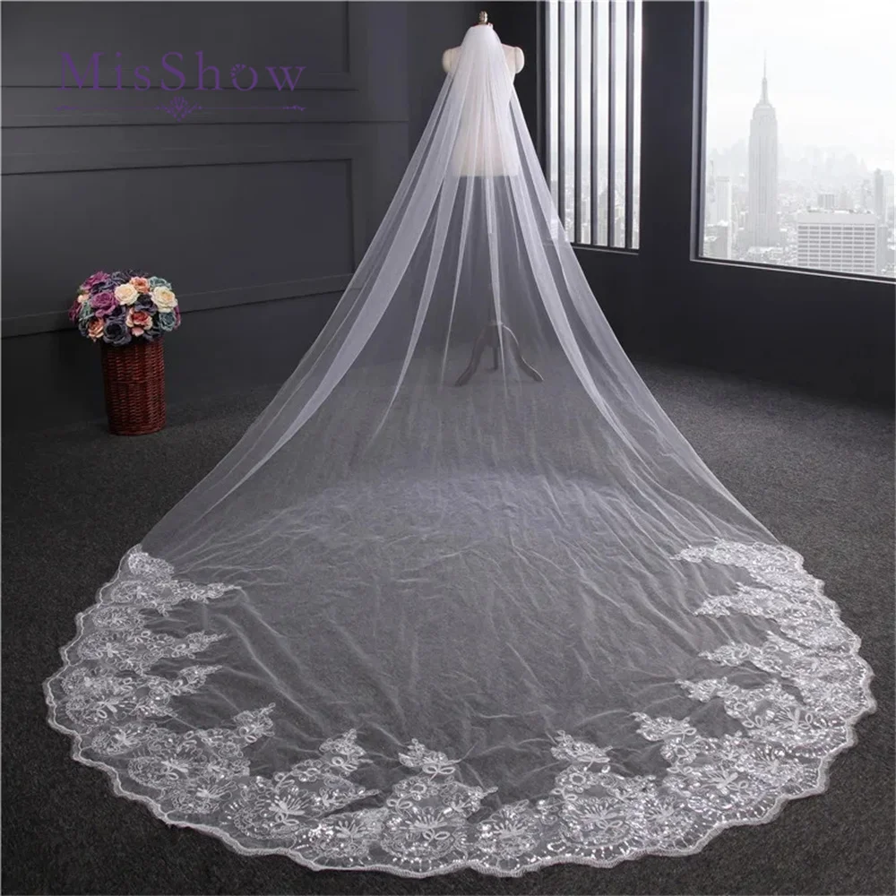 MisShow White Ivory Sequins Lace Edge Veils Cathedral Length Wedding Bridal Veil with Comb 1 Tier Long Woman Illusion Tulle