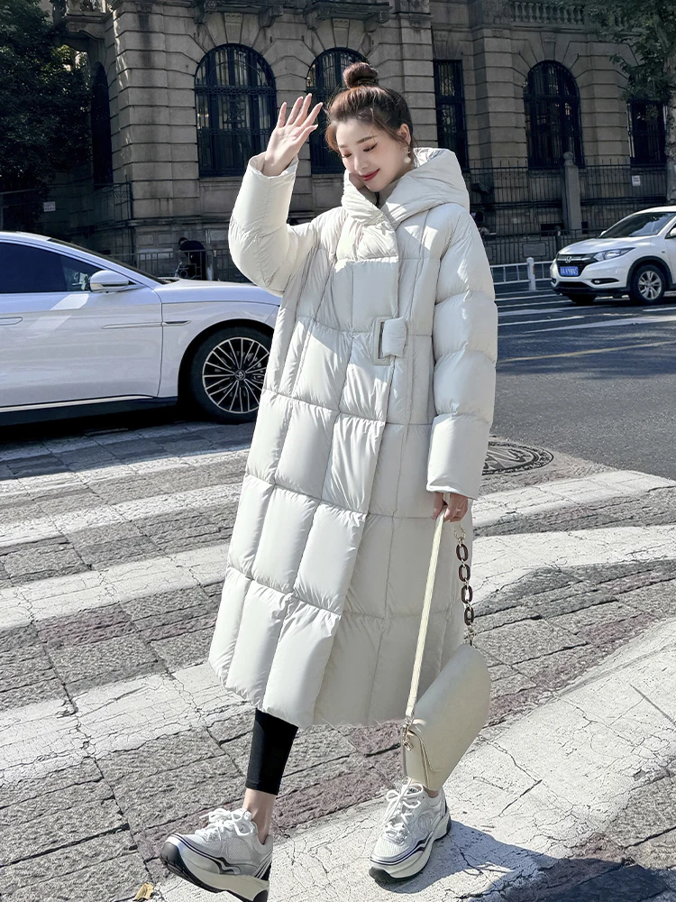 Winter Warm Thick Long Down Jackets Outwear with Removable Hood Solid Coat Women Down Jacket Casual Loose Knee Length Overcoat