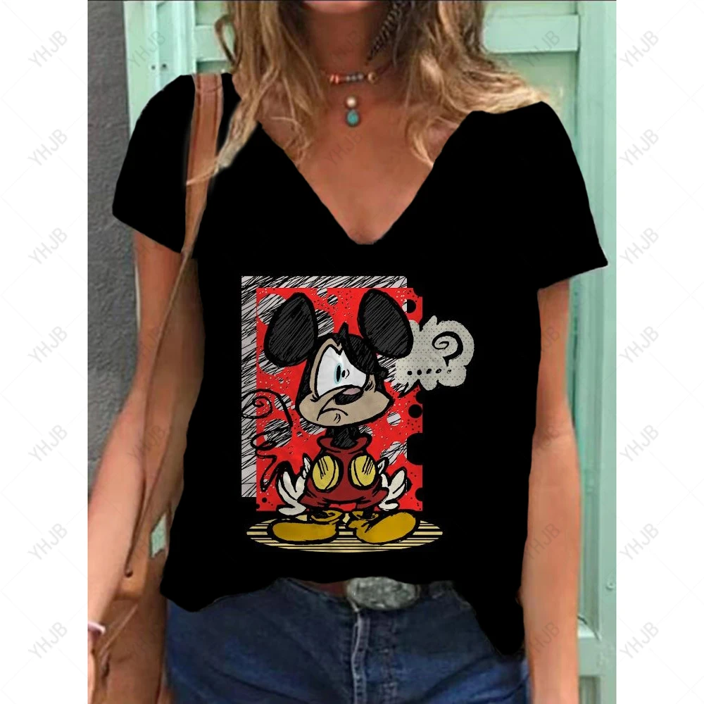 2025 صيف جديد ديزني ميني ماوس الكرتون طباعة تي شيرت السيدات الخامس الرقبة ثلاثية الأبعاد قمة فضفاضة تنفس ملابس عصرية غير رسمية