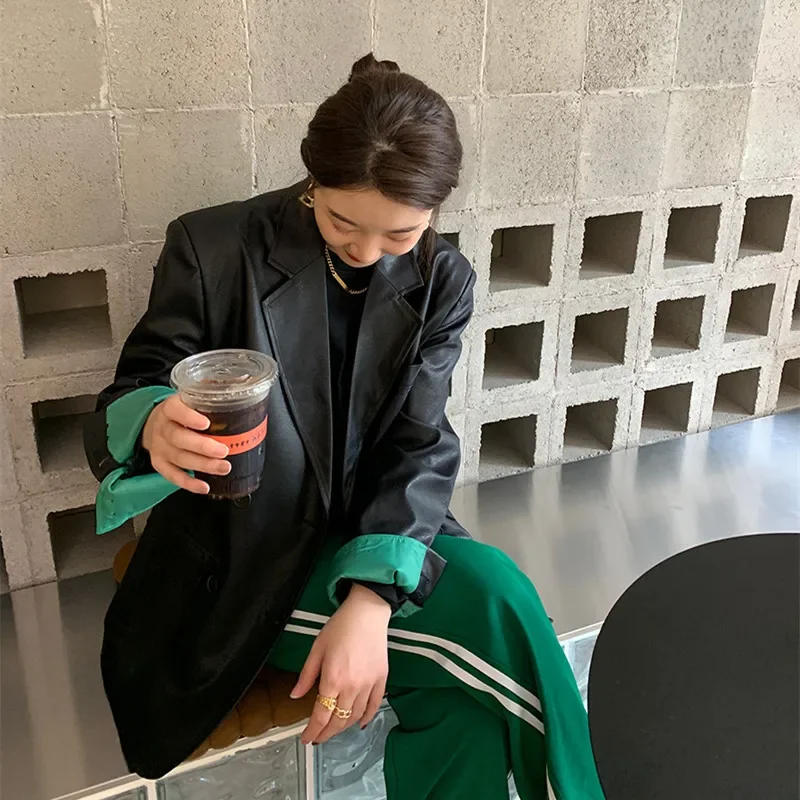 2025 봄 가을 한국 느슨한 더블 브레스트 여성 블랙 가짜 가죽 블레이저 옷깃 긴 소매 여성 Outwear Abrigo Mujer