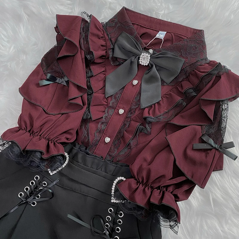Letnie Słodkie Kawaii Moda Lolita Koszule Damskie Eleganckie Urocze Bluzki w Japońskim Stylu Y2K Estetyczne Gotyckie Eleganckie Bluzki z Długim Rękawem
