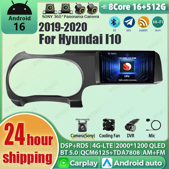 Android 16 Carplay Auto Qualcomm 2K QLED Bildschirm Autoradio für Hyundai i10 2019-2020 GPS Stereo BT Wifi 4G Navigation DSP
